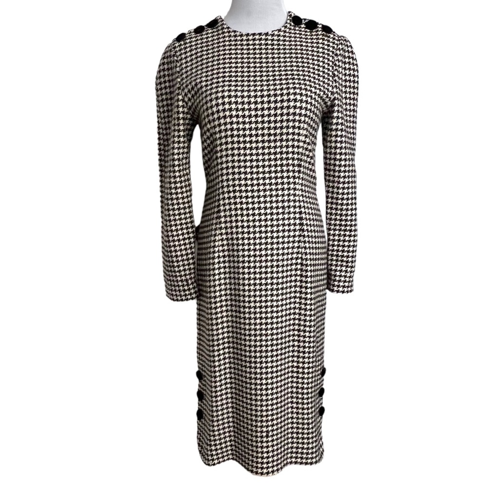 Vintage Nipon Boutique Black and Cream Houndstooth Wool Sheath Union Label Dress